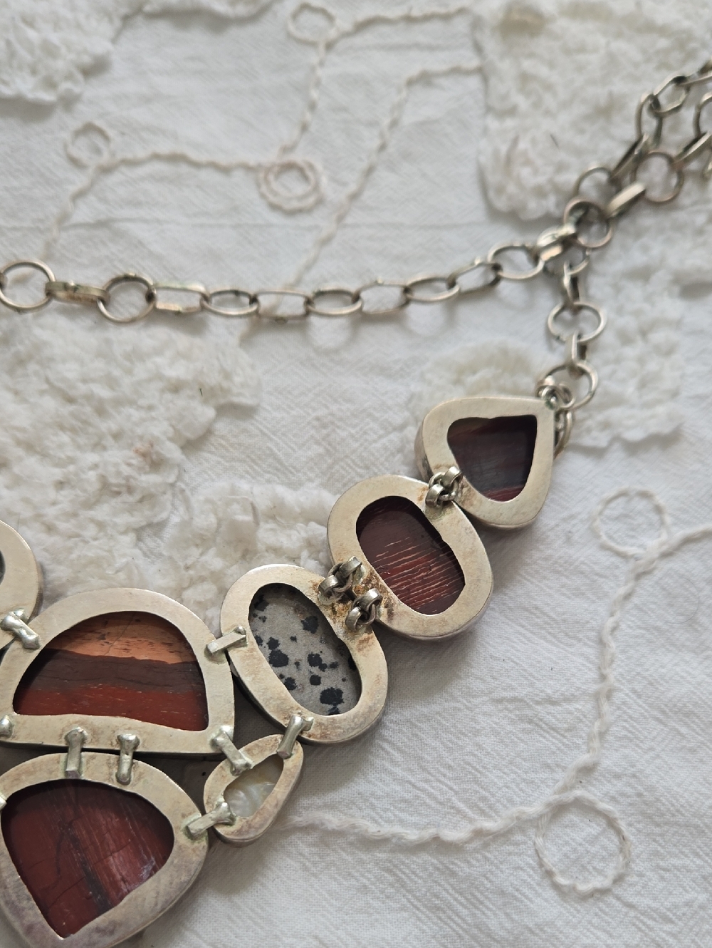 Red Jasper & Dalmatian Stone Statement Necklace with Pearl Accents - Picture 6 of 8